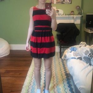 red and blue striped mini dress
